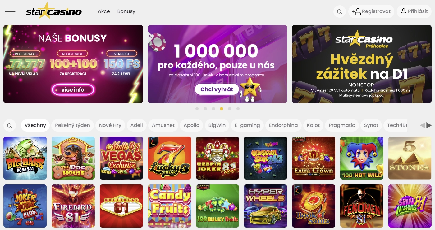 Hlavní rozhraní Star Casino v tmavém režimu