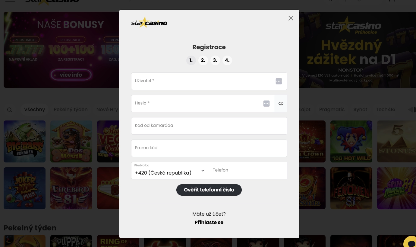 Ukázka registrace v Star Casino